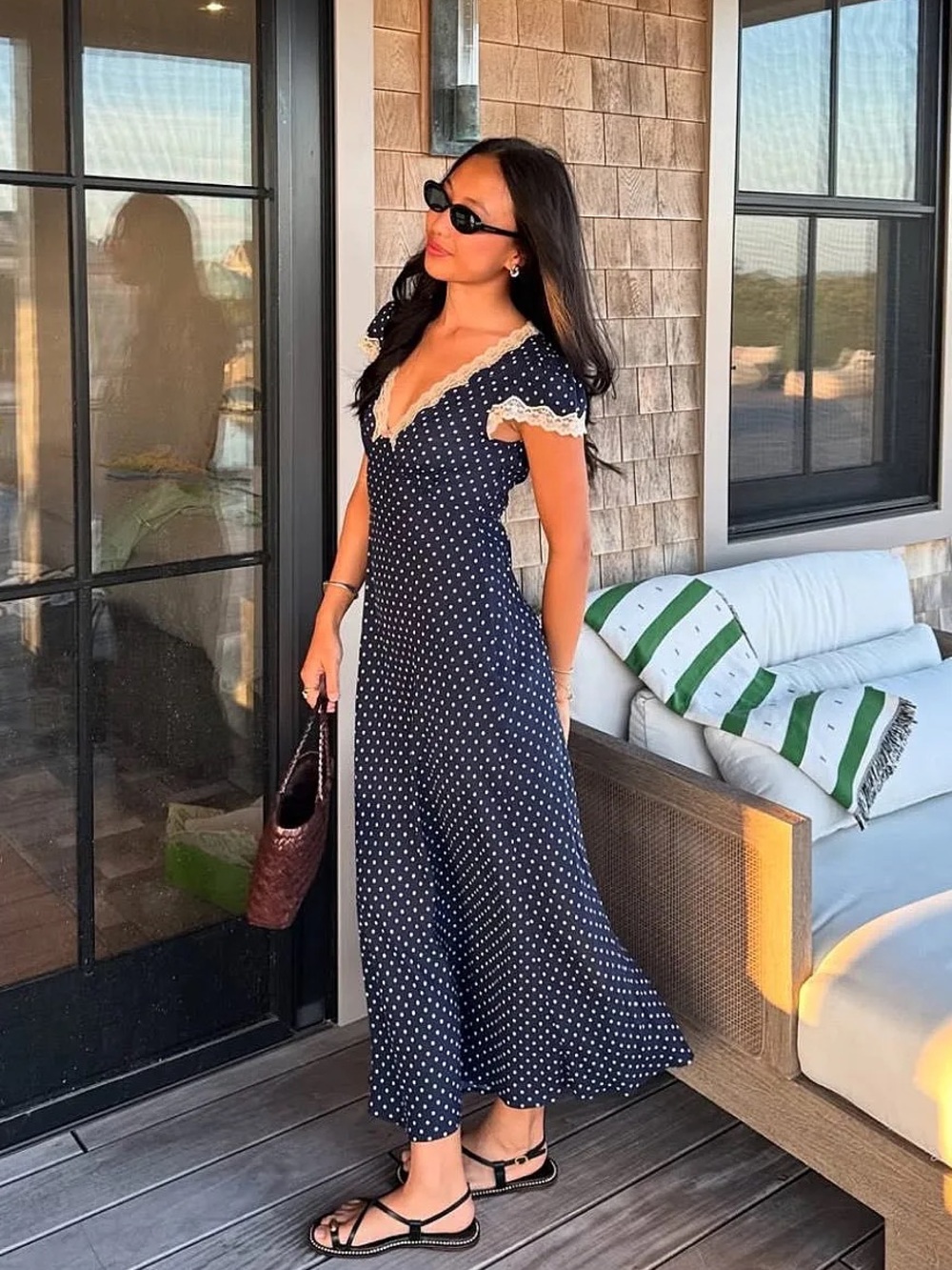 RIXO Clarice Navy Polka Dot Lace Trim Midi Dress S UK10 US6 Rosebud